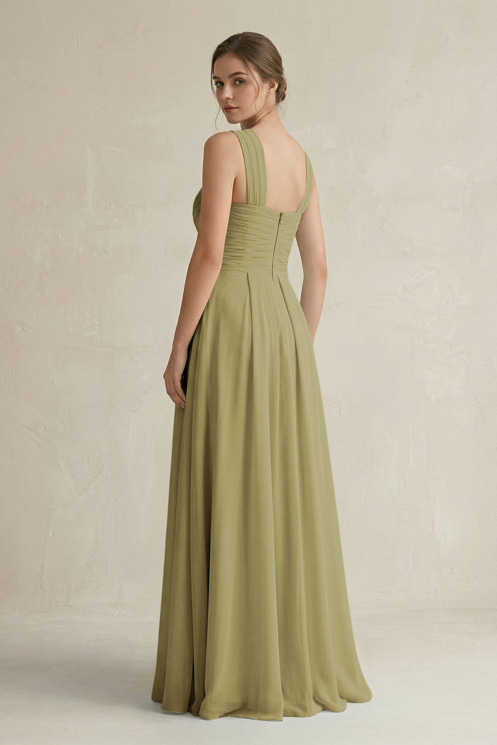 Cross Halter Chiffon A-Line Pleated Bridesmaid Dress in Moss Green