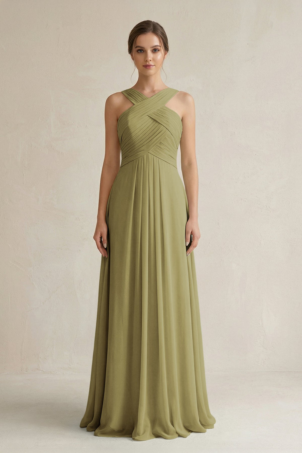 Cross Halter Chiffon A-Line Pleated Bridesmaid Dress in Moss Green