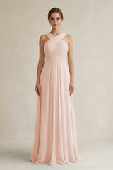 Cross Halter Chiffon A - Line Pleated Bridesmaid Dress in Pale Blush - KISS BRIDAL Bridesmaid Dresses
