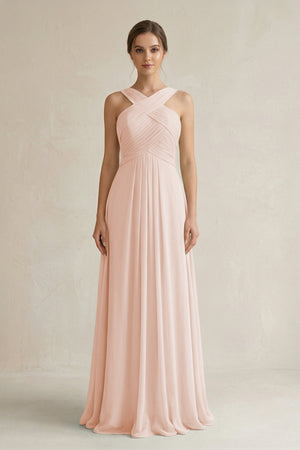Cross Halter Chiffon A - Line Pleated Bridesmaid Dress in Pale Blush - KISS BRIDAL Bridesmaid Dresses