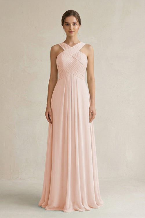 Cross Halter Chiffon A - Line Pleated Bridesmaid Dress in Pale Blush - KISS BRIDAL Bridesmaid Dresses