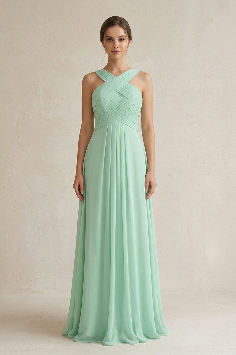 Cross Halter Chiffon A-Line Pleated Bridesmaid Dress in Pale Pistachio