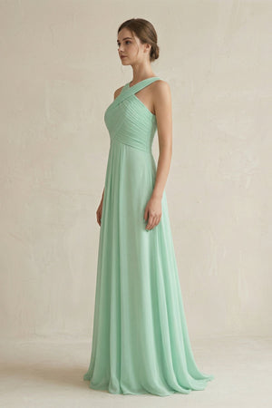 Cross Halter Chiffon A-Line Pleated Bridesmaid Dress in Pale Pistachio - KISS BRIDAL BRIDESMAID DRESSES
