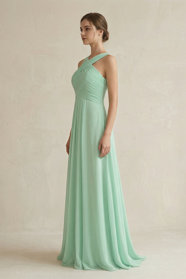 Cross Halter Chiffon A-Line Pleated Bridesmaid Dress in Pale Pistachio - KISS BRIDAL BRIDESMAID DRESSES