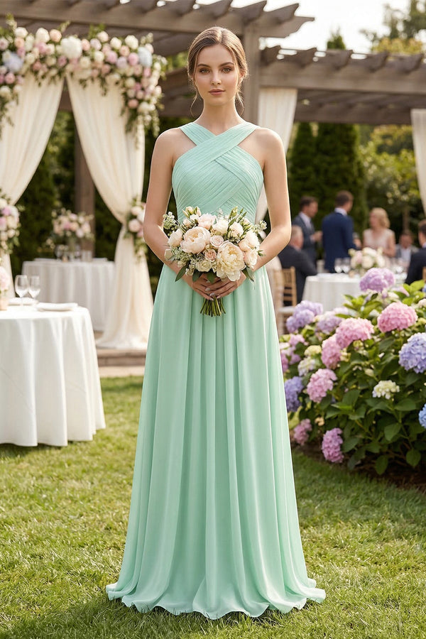Cross Halter Chiffon A-Line Pleated Bridesmaid Dress in Pale Pistachio - KISS BRIDAL BRIDESMAID DRESSES