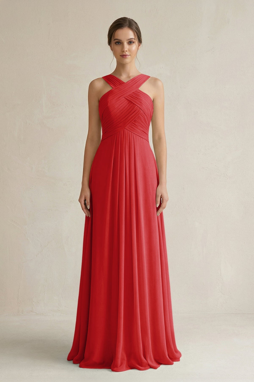 Cross Halter Chiffon A-Line Pleated Bridesmaid Dress in Ruby Red