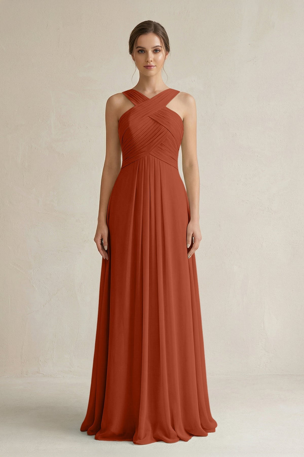 Cross Halter Chiffon A-Line Pleated Bridesmaid Dress in Spice
