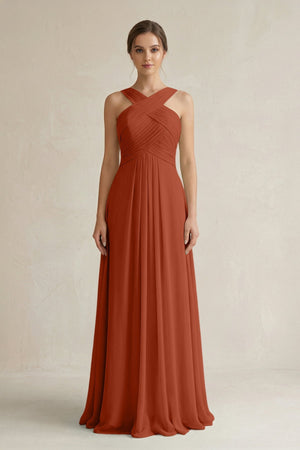 Cross Halter Chiffon A - Line Pleated Bridesmaid Dress in Spice - KISS BRIDAL Bridesmaid Dresses
