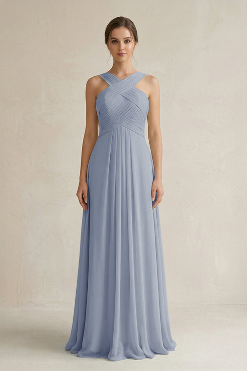 Cross Halter Chiffon A - Line Pleated Bridesmaid Dress in Twilight - KISS BRIDAL Bridesmaid Dresses