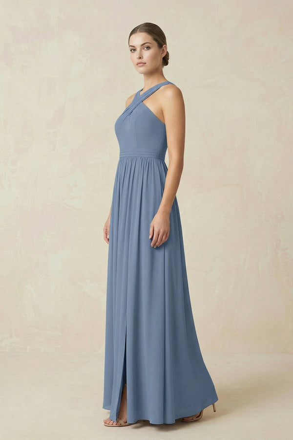 Cross Halter Neck Chiffon A-Line Bridesmaid Dress With Slit in Neptune - KISS BRIDAL BRIDESMAID DRESSES