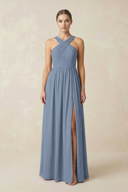 Cross Halter Neck Chiffon A-Line Bridesmaid Dress With Slit in Neptune - KISS BRIDAL BRIDESMAID DRESSES