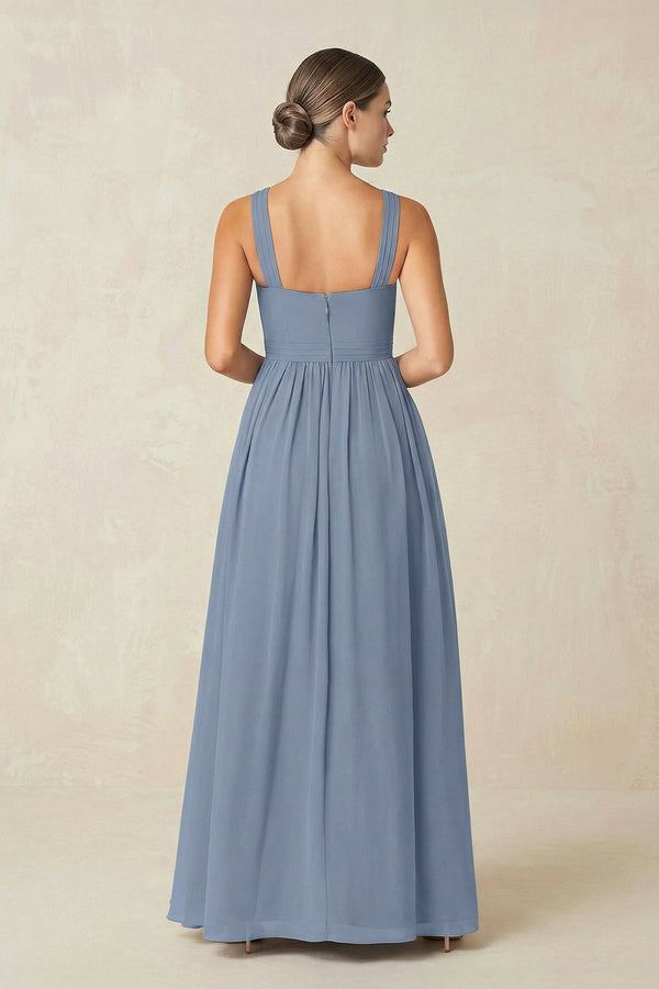 Cross Halter Neck Chiffon A-Line Bridesmaid Dress With Slit in Neptune - KISS BRIDAL BRIDESMAID DRESSES