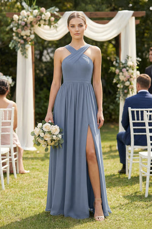 Cross Halter Neck Chiffon A-Line Bridesmaid Dress With Slit in Neptune - KISS BRIDAL BRIDESMAID DRESSES