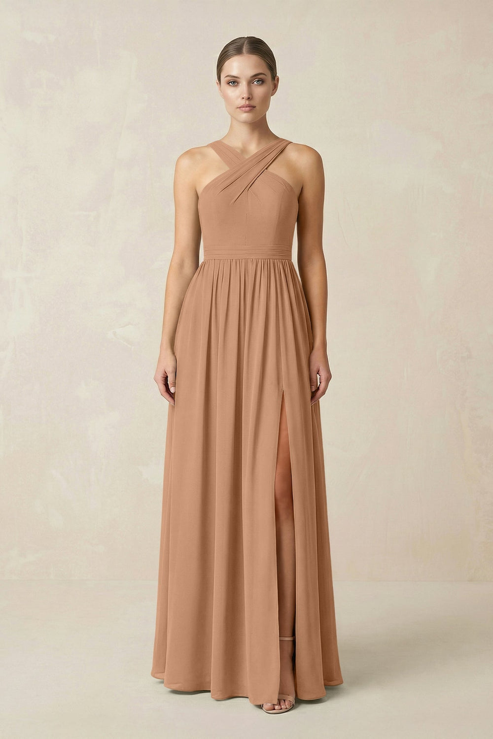 Cross Halter Neck Chiffon A-Line Bridesmaid Dress With Slit in Bronzer
