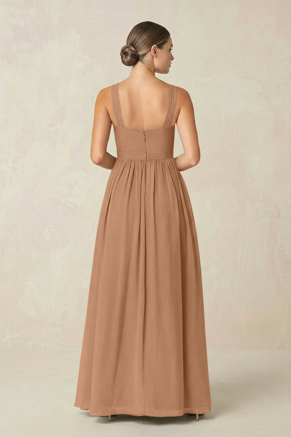 Cross Halter Neck Chiffon A-Line Bridesmaid Dress With Slit in Bronzer
