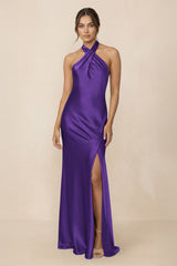 Cross Halter Sheath Bridesmaid Dress With Slit in Amethyst - KISS BRIDAL Bridesmaid Dresses