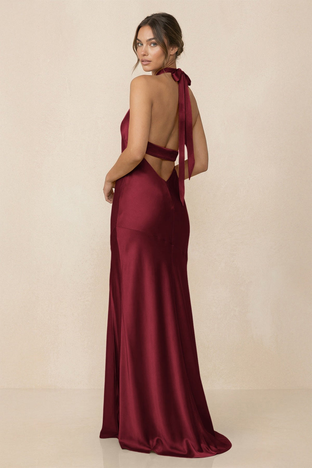 Cross Halter Sheath Bridesmaid Dress With Slit in Burgundy