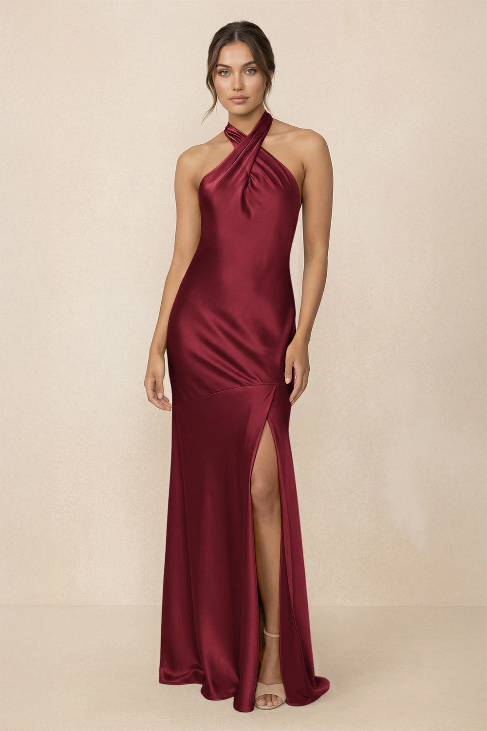 Cross Halter Sheath Bridesmaid Dress With Slit in Burgundy