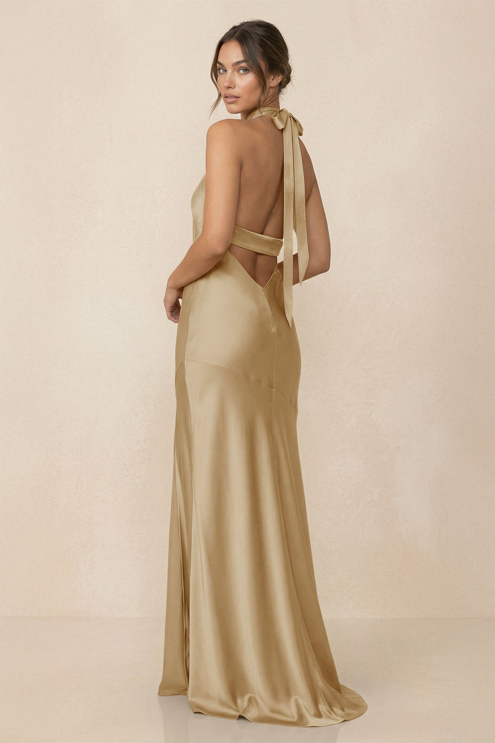 Cross Halter Sheath Bridesmaid Dress With Slit in Champagne