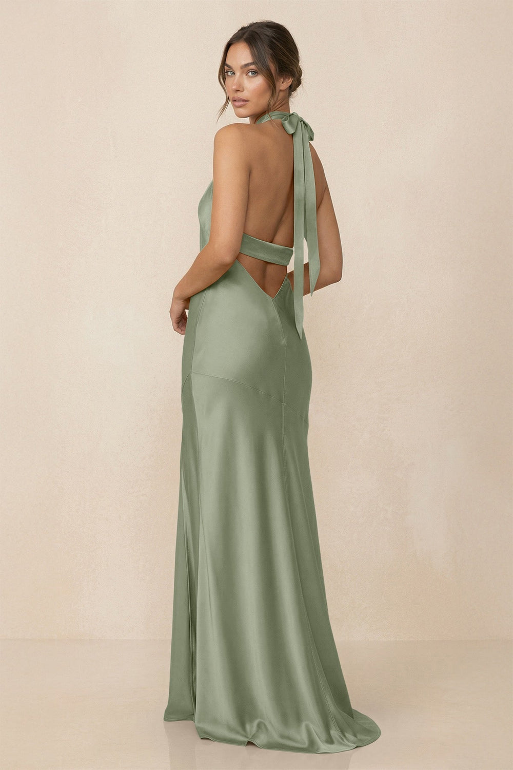 Cross Halter Sheath Bridesmaid Dress With Slit in Dove Gray