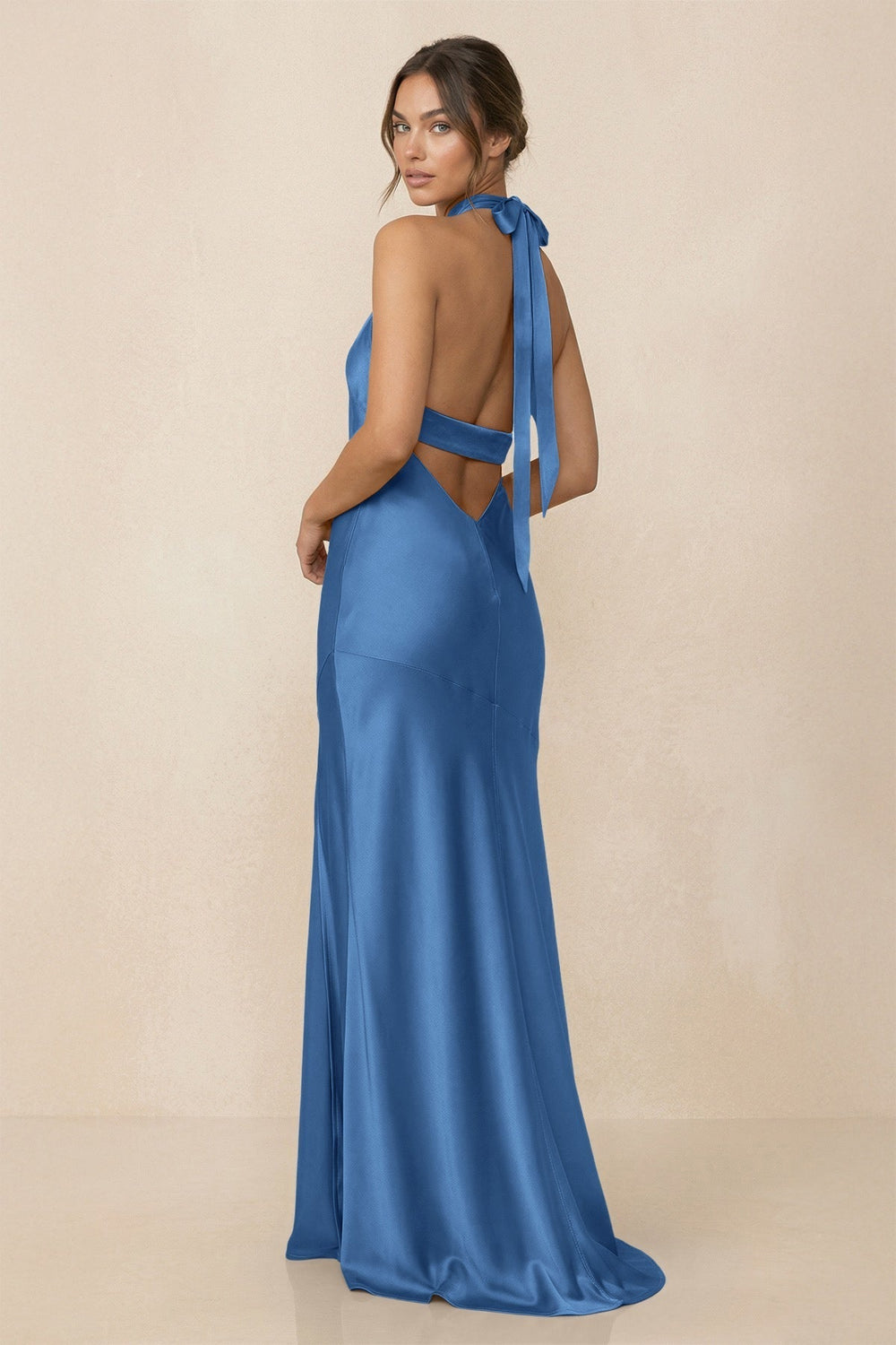 Cross Halter Sheath Bridesmaid Dress With Slit in Dusty Blue