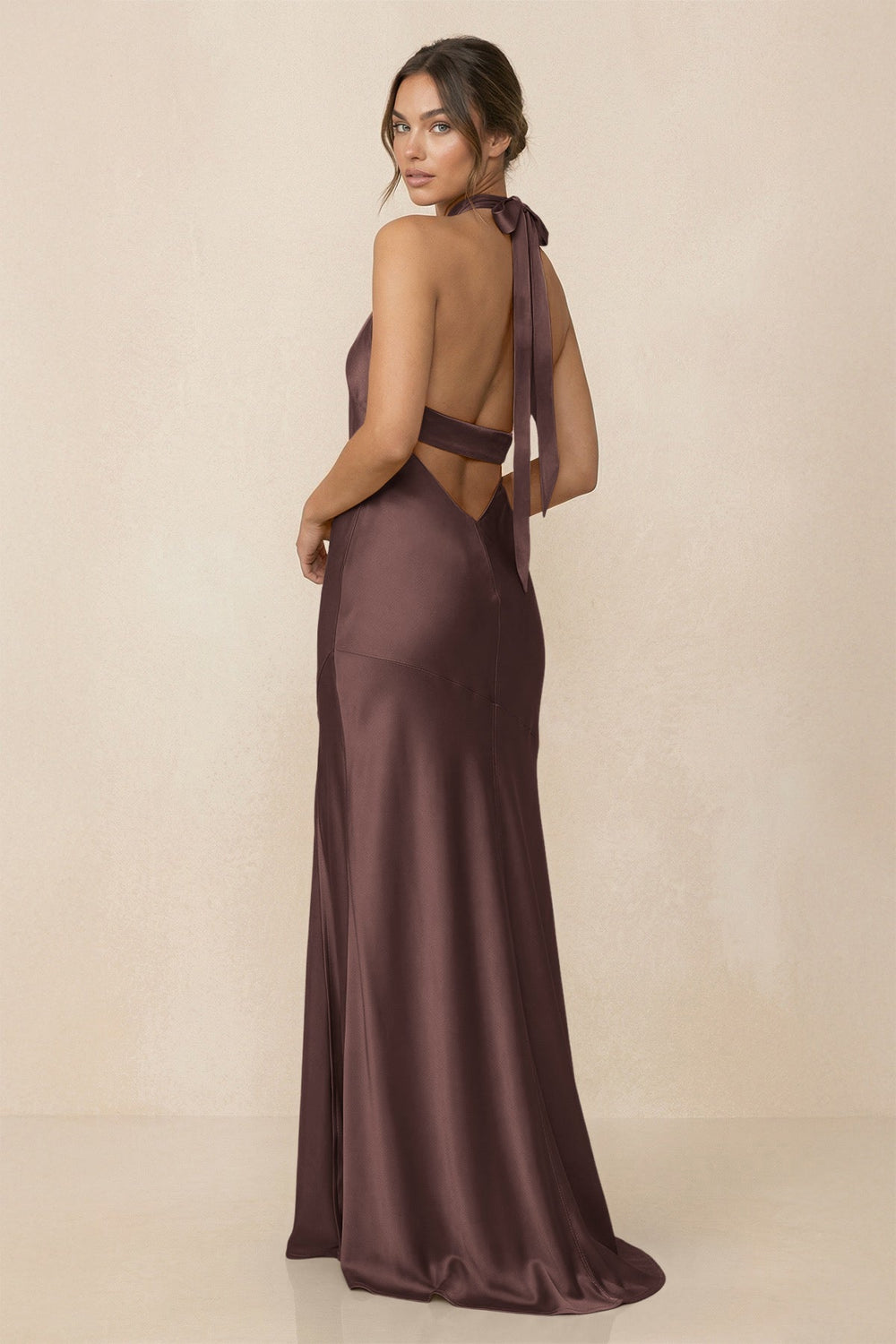 Cross Halter Sheath Bridesmaid Dress With Slit in Espresso