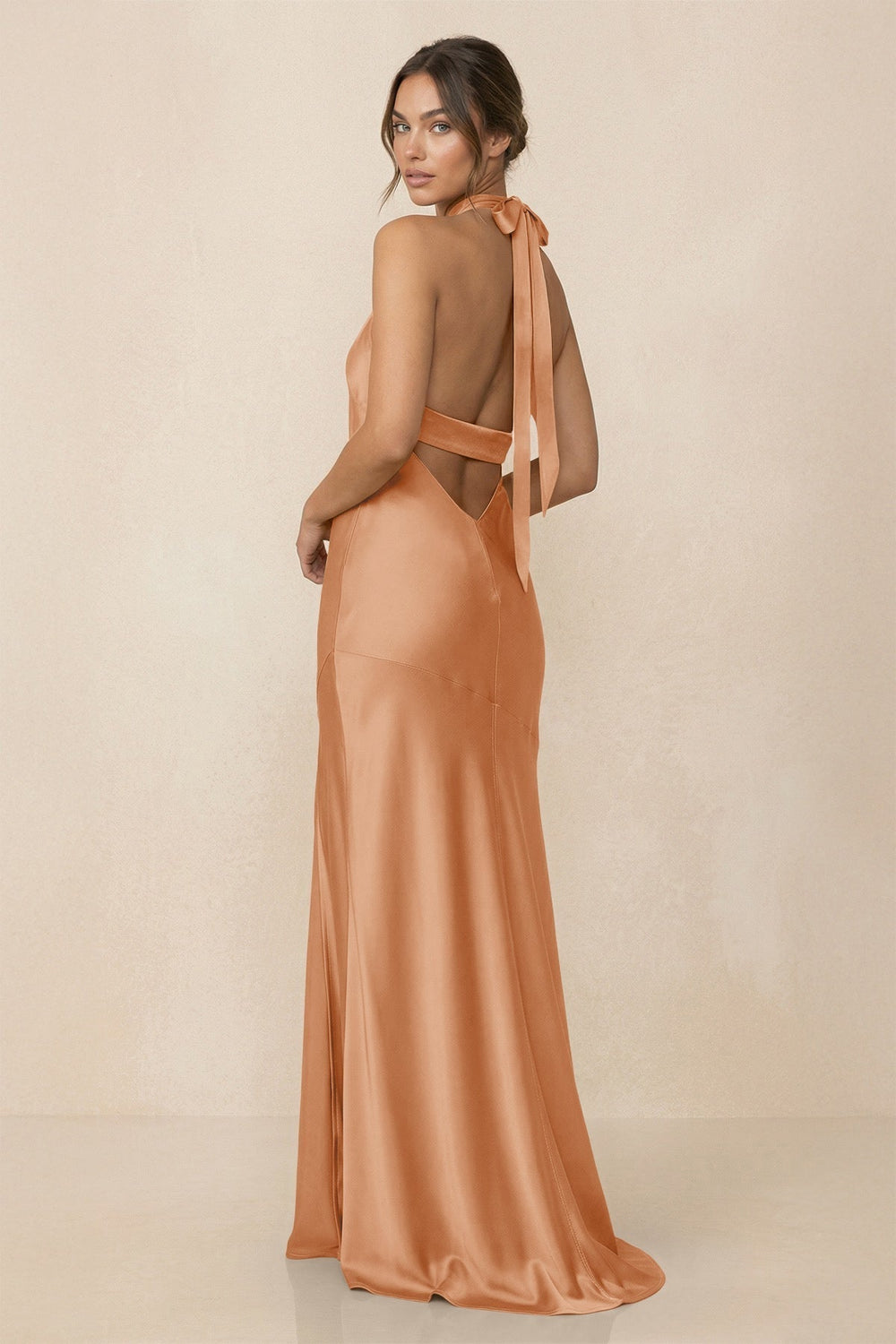 Cross Halter Sheath Bridesmaid Dress With Slit in Golden Champagne