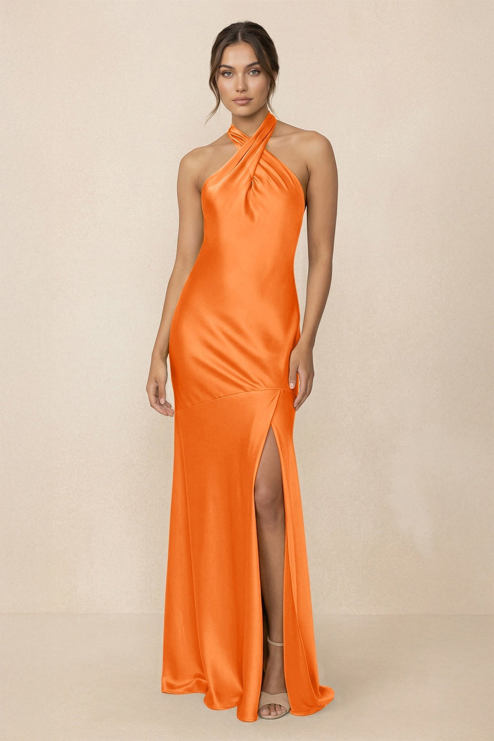 Cross Halter Sheath Bridesmaid Dress With Slit in Orange