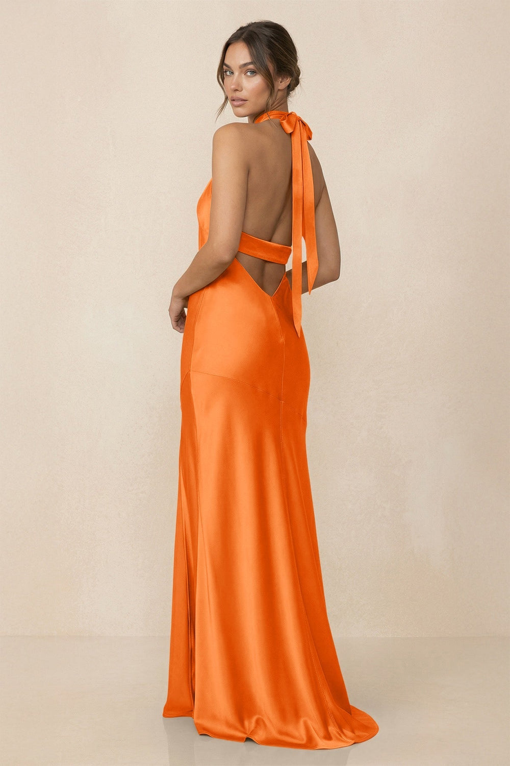 Cross Halter Sheath Bridesmaid Dress With Slit in Orange
