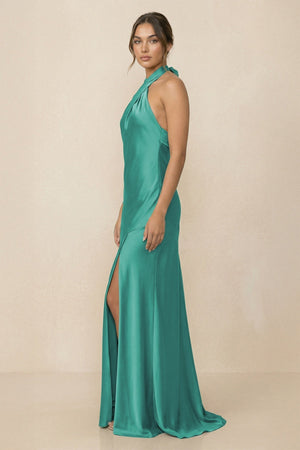 Cross Halter Sheath Bridesmaid Dress With Slit in Sea Glass - KISS BRIDAL Bridesmaid Dresses