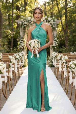 Cross Halter Sheath Bridesmaid Dress With Slit in Sea Glass - KISS BRIDAL Bridesmaid Dresses