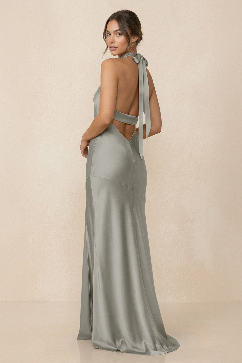 Cross Halter Sheath Bridesmaid Dress With Slit in Silver