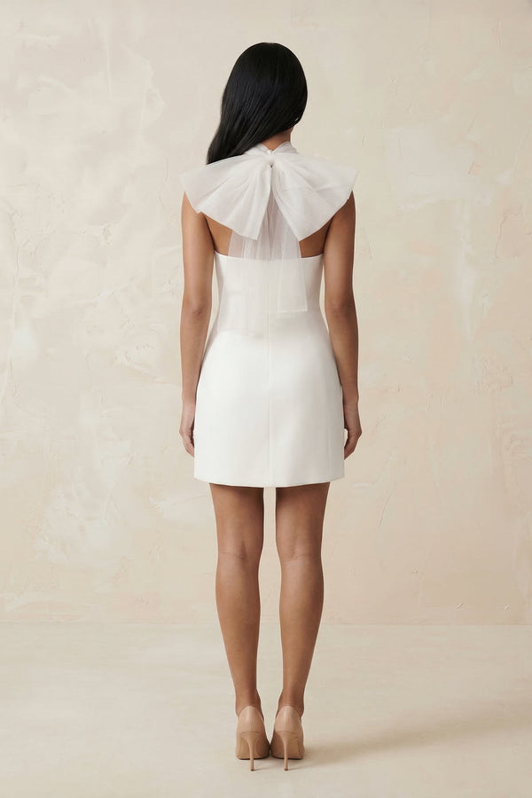 Cross Halter Sheath Satin Mini Wedding Dress in White - KISS BRIDAL Wedding Dresses