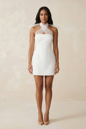 Cross Halter Sheath Satin Mini Wedding Dress in White - KISS BRIDAL Wedding Dresses