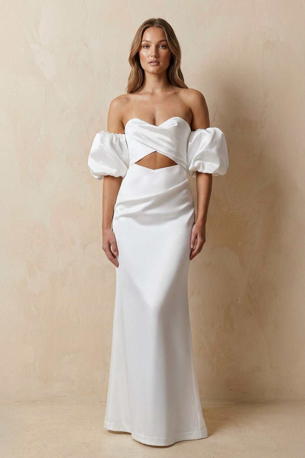 Cut-Out Sweetheart Satin Off-the-Shoulder Wedding Dress in White