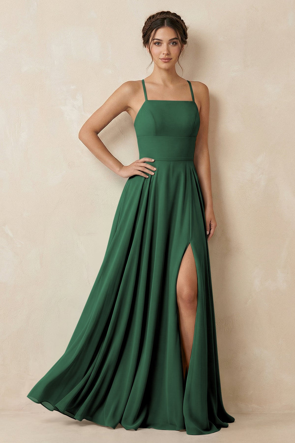 A-Line Chiffon Bridesmaid Dress With Slit in Dark Green