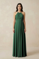 Dark Green A-Line Halter Neck Pleated Chiffon Bridesmaid Dress | KISSBRIDAL