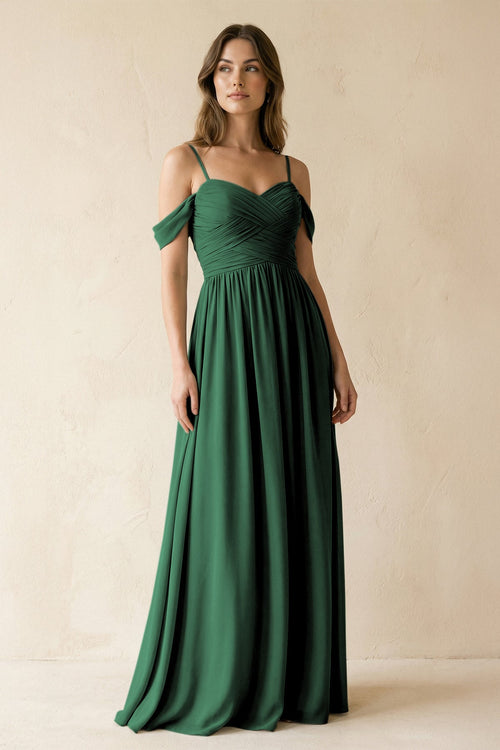 Dark Green A-Line Off-the-Shoulder Pleated Chiffon Bridesmaid Dress | KISSBRIDAL