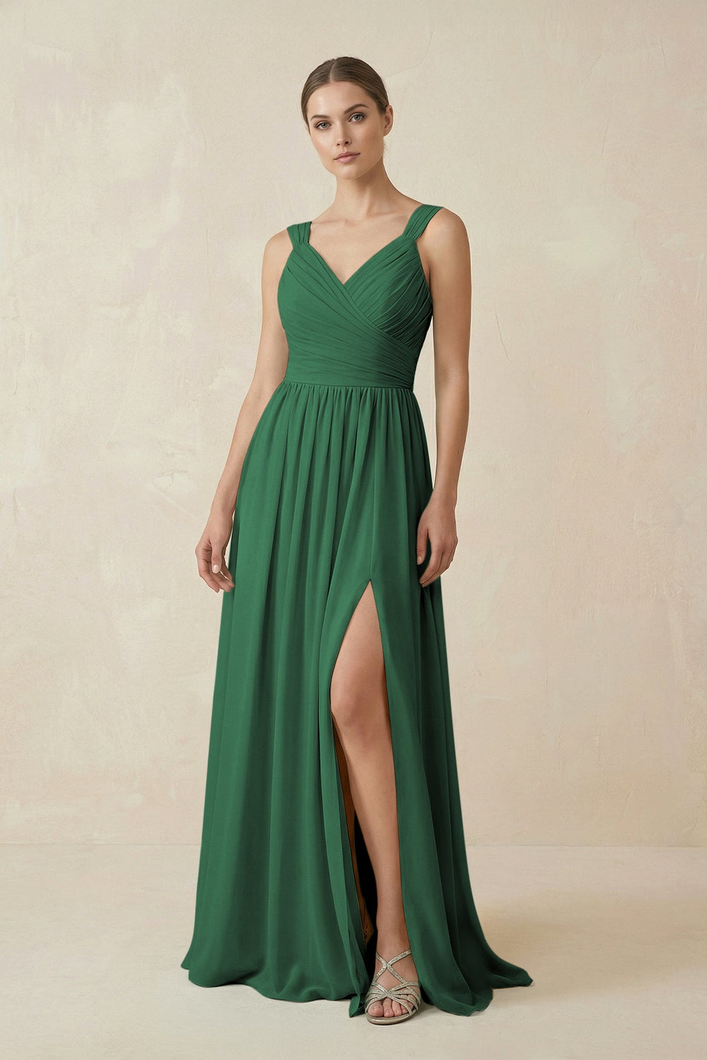 A-Line Pleated Chiffon Long Bridesmaid Dress in Dark Green