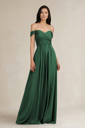 Dark Green A-Line Pleated Off-the-Shoulder Chiffon Bridesmaid Dress | KISSBRIDAL