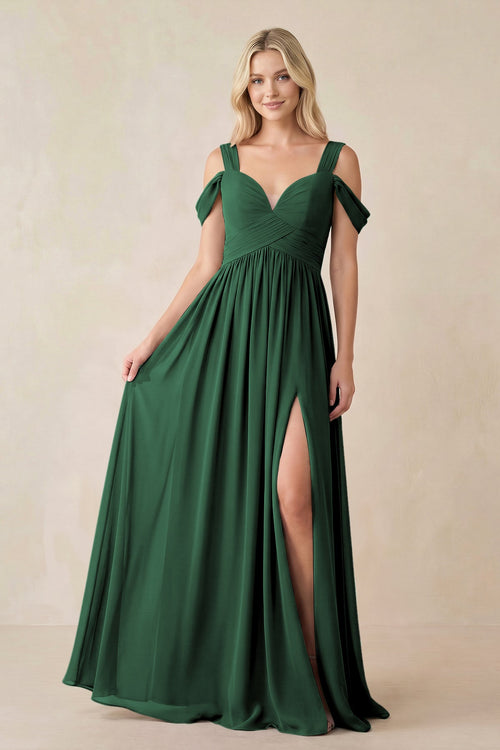Dark Green Chiffon A-Line Bridesmaid Dress with Slit | KISSBRIDAL