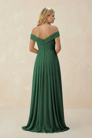 Dark Green Off-the-Shoulder Pleated A-Line Chiffon Bridesmaid Dress (2) | KISSBRIDAL
