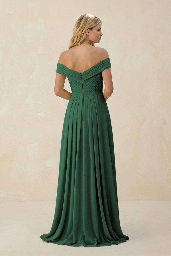 Dark Green Off-the-Shoulder Pleated A-Line Chiffon Bridesmaid Dress (2) | KISSBRIDAL