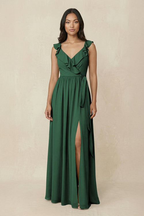 Dark Green Ruffled V-Neck A-Line Chiffon Bridesmaid Dress | KISSBRIDAL