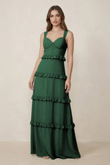 Dark Green Sweetheart Tiered A-Line Chiffon Bridesmaid Dress | KISSBRIDAL