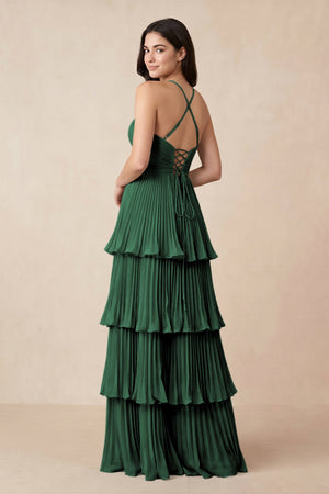 Dark Green Tiered Pleated V-Neck A-Line Chiffon Bridesmaid Dress (2) | KISSBRIDAL