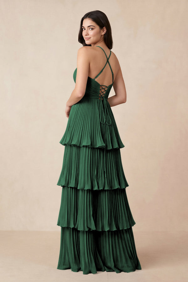 Dark Green Tiered Pleated V-Neck A-Line Chiffon Bridesmaid Dress (2) | KISSBRIDAL