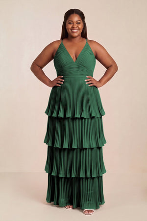 Dark Green Tiered Pleated V-Neck A-Line Chiffon Bridesmaid Dress [sizeplus] | KISSBRIDAL