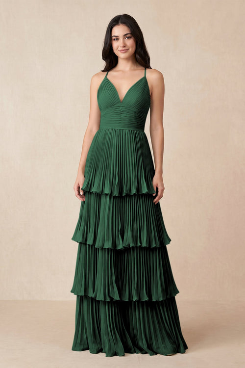 Dark Green Tiered Pleated V-Neck A-Line Chiffon Bridesmaid Dress | KISSBRIDAL