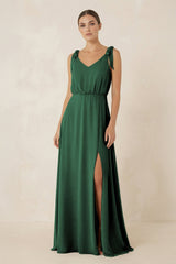 Dark Green V-Neck A-Line Chiffon Bridesmaid Dress | KISSBRIDAL